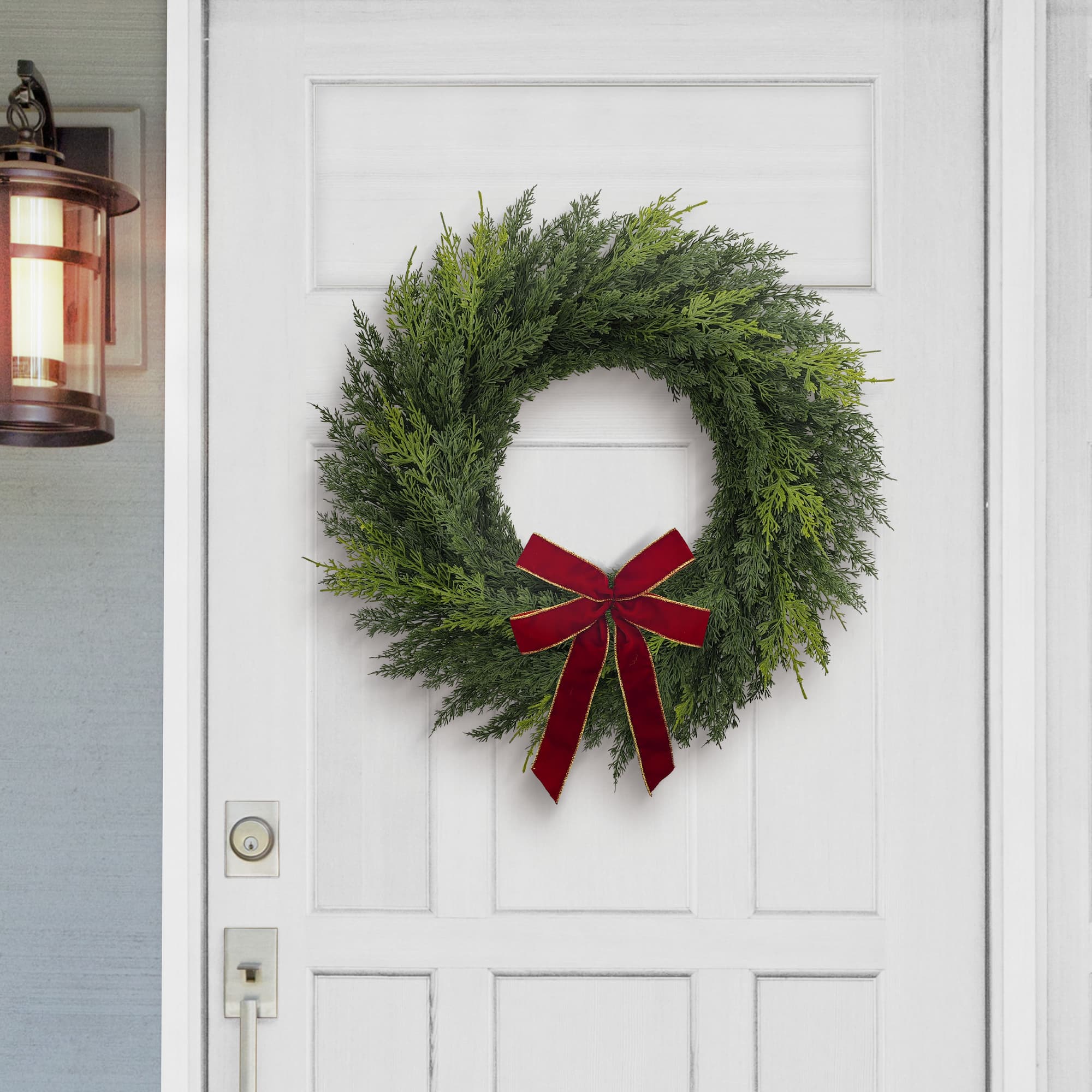 22" Artificial PE Cypress Christmas Wreath with Bow